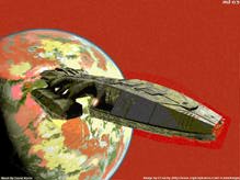 A defunct battlestar ship lies languid.