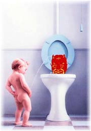 Boy peeing on the devil